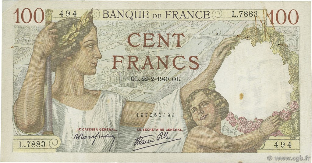 100 Francs SULLY FRANCE  1940 F.26.23 TTB