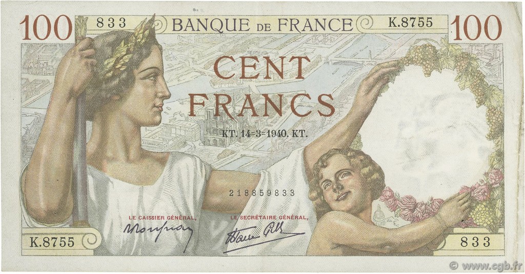 100 Francs SULLY FRANCE  1940 F.26.25 VF