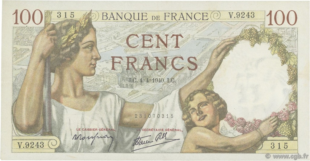 100 Francs SULLY FRANKREICH  1940 F.26.26 VZ