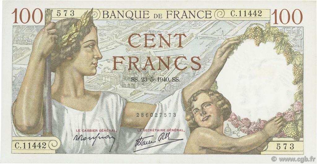 100 Francs SULLY FRANCE  1940 F.26.30 AU+