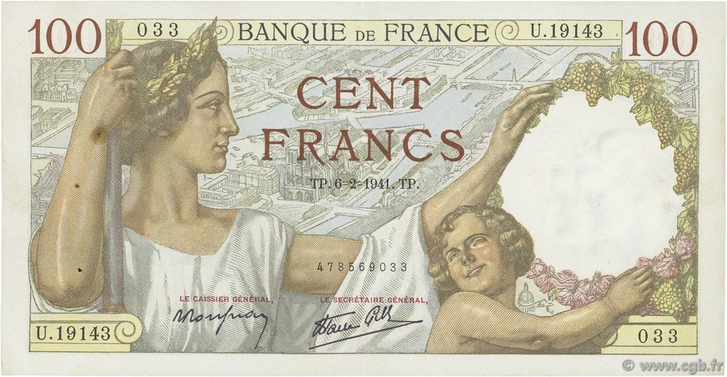 100 Francs SULLY FRANCE  1941 F.26.46 TTB+