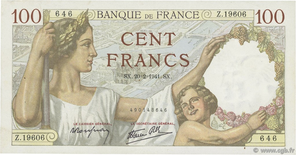 100 Francs SULLY FRANKREICH  1941 F.26.47 fVZ