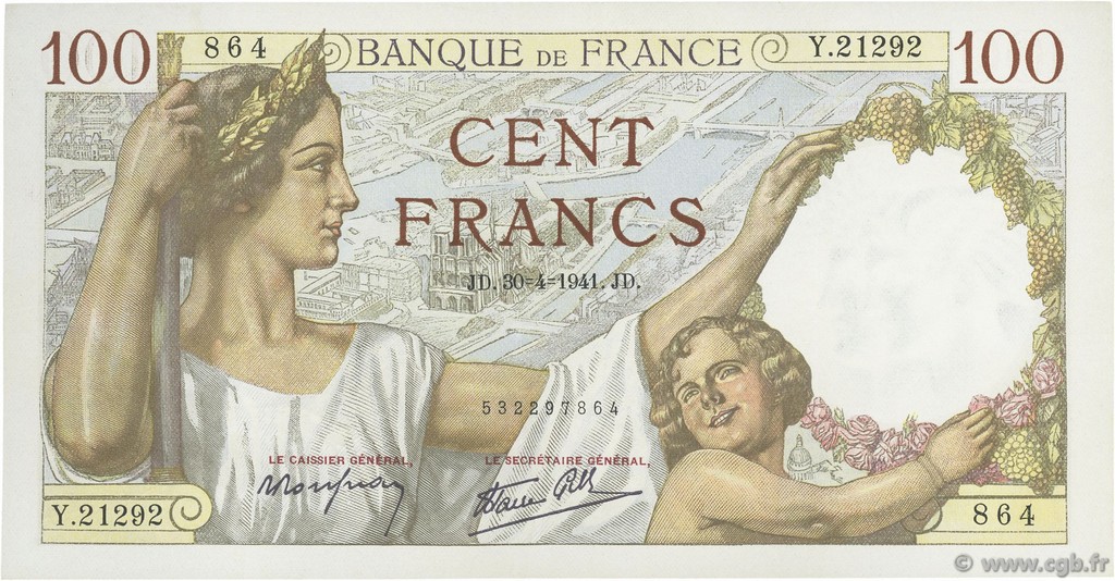100 Francs SULLY FRANCE  1941 F.26.51 SUP+