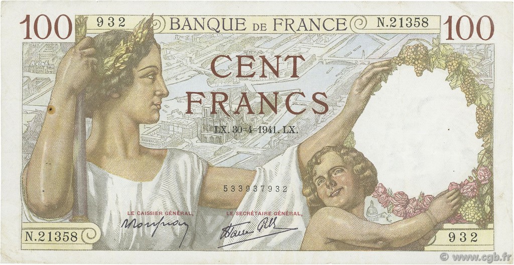 100 Francs SULLY FRANKREICH  1941 F.26.51 SS
