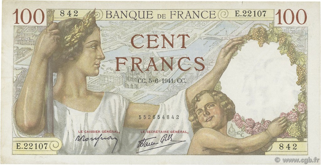 100 Francs SULLY FRANCE  1941 F.26.53 VF
