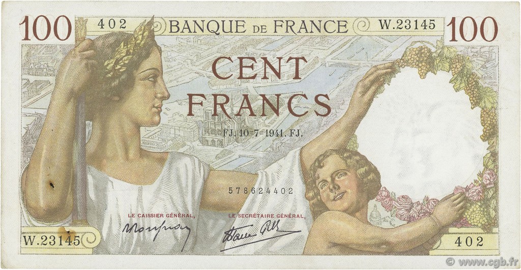 100 Francs SULLY FRANCIA  1941 F.26.55 q.SPL