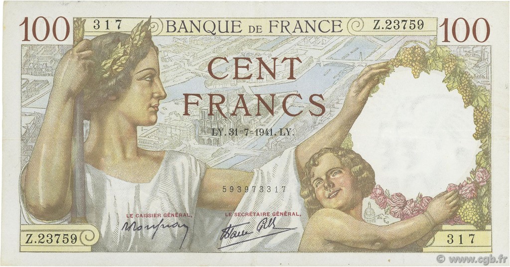 100 Francs SULLY FRANCE  1941 F.26.56 TTB+