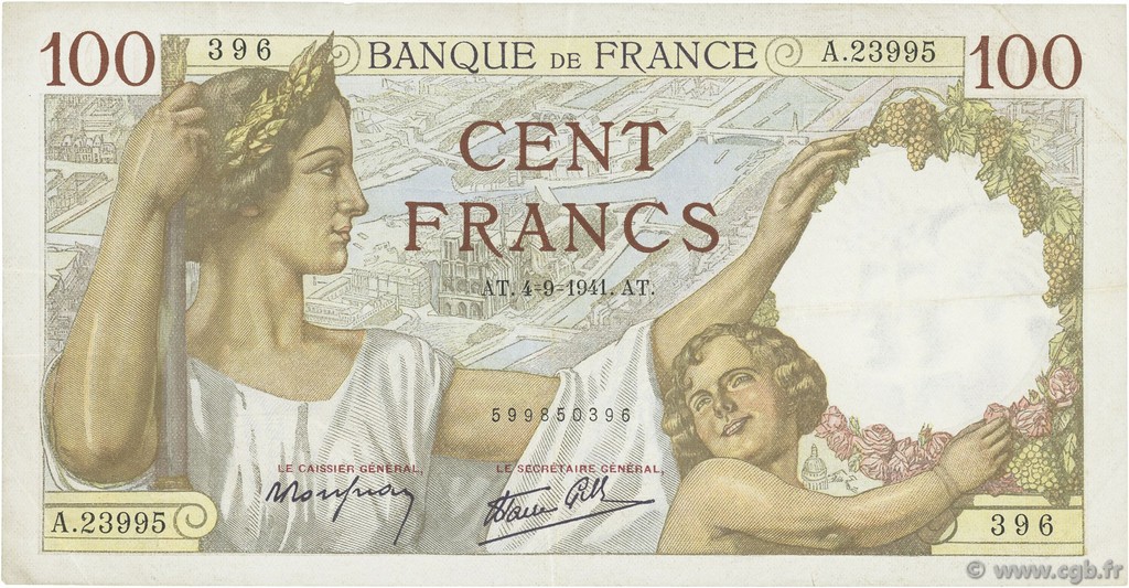 100 Francs SULLY FRANCE  1941 F.26.57 TTB+