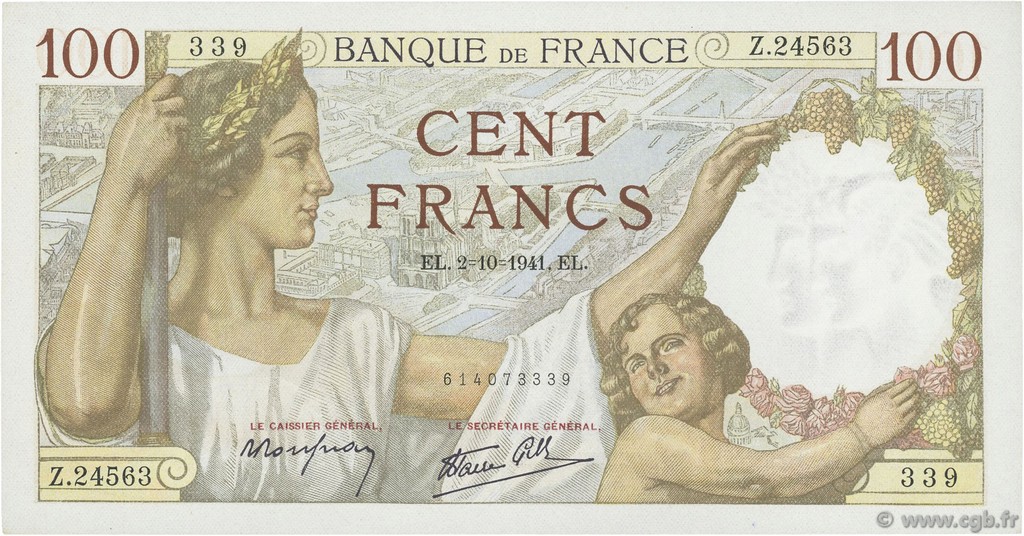 100 Francs SULLY FRANCE  1941 F.26.58 SPL