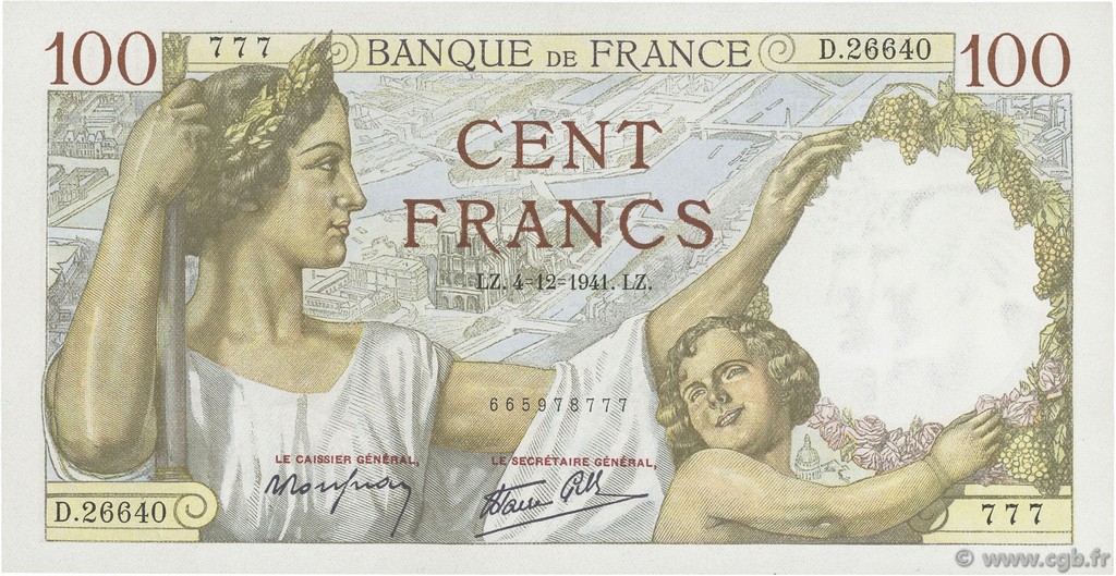 100 Francs SULLY FRANCE  1941 F.26.62 pr.SPL