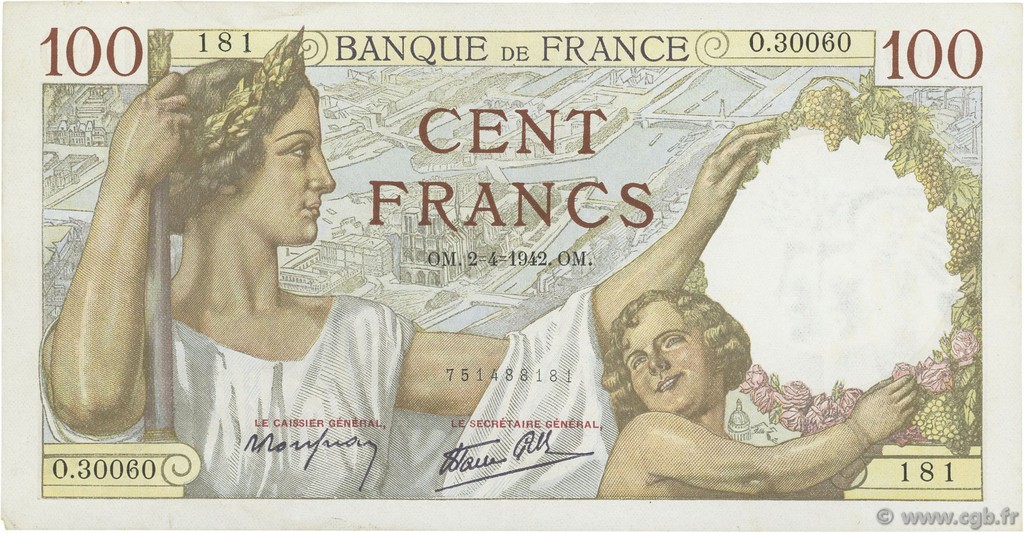 100 Francs SULLY FRANCIA  1942 F.26.69 MBC