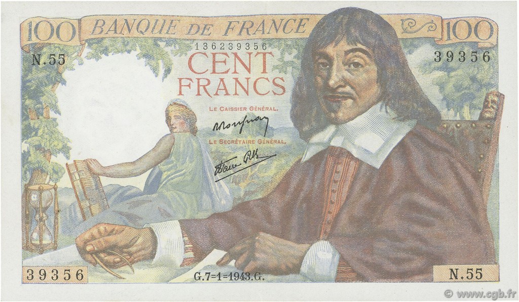 100 Francs DESCARTES FRANCE  1943 F.27.03 XF+