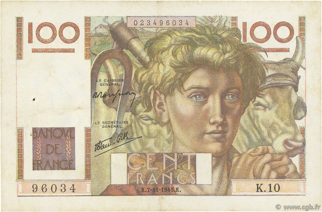 100 Francs JEUNE PAYSAN FRANCE  1945 F.28.01 TTB+