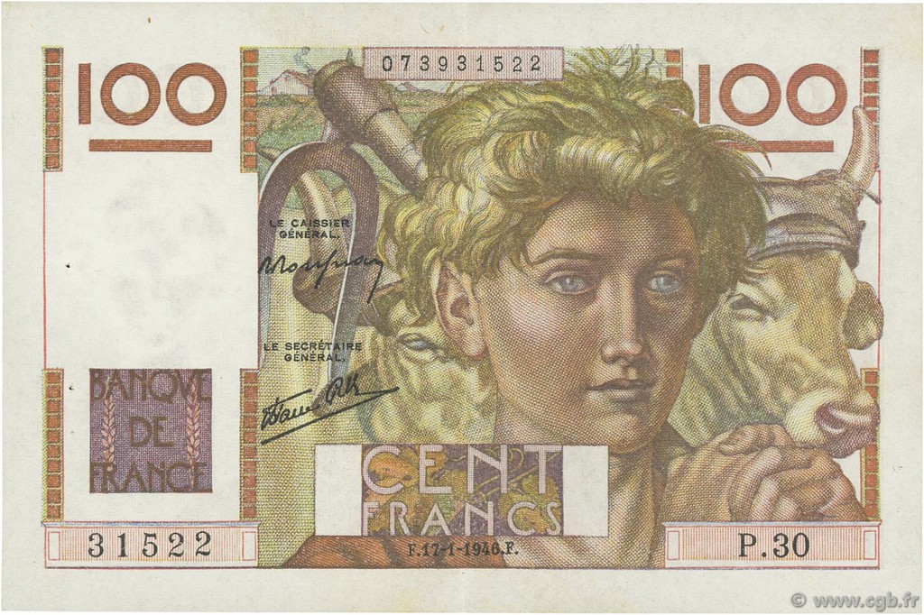 100 Francs JEUNE PAYSAN FRANKREICH  1946 F.28.02 VZ