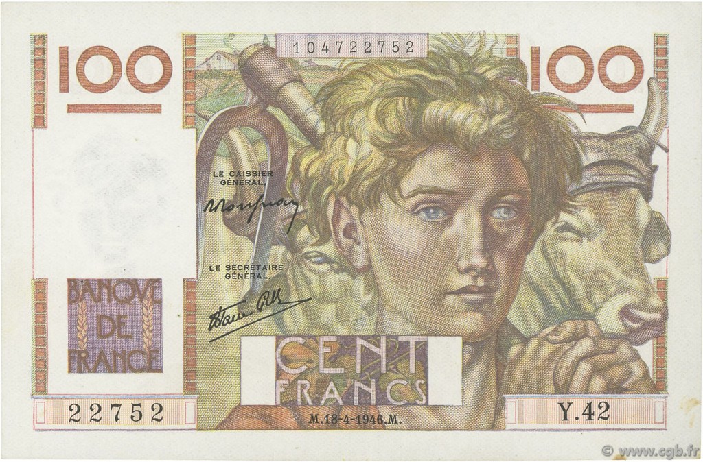 100 Francs JEUNE PAYSAN FRANCIA  1946 F.28.03 SPL
