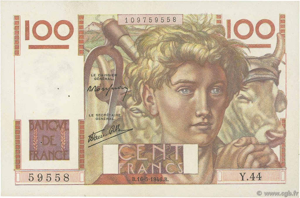 100 Francs JEUNE PAYSAN FRANCE  1946 F.28.04 VF+
