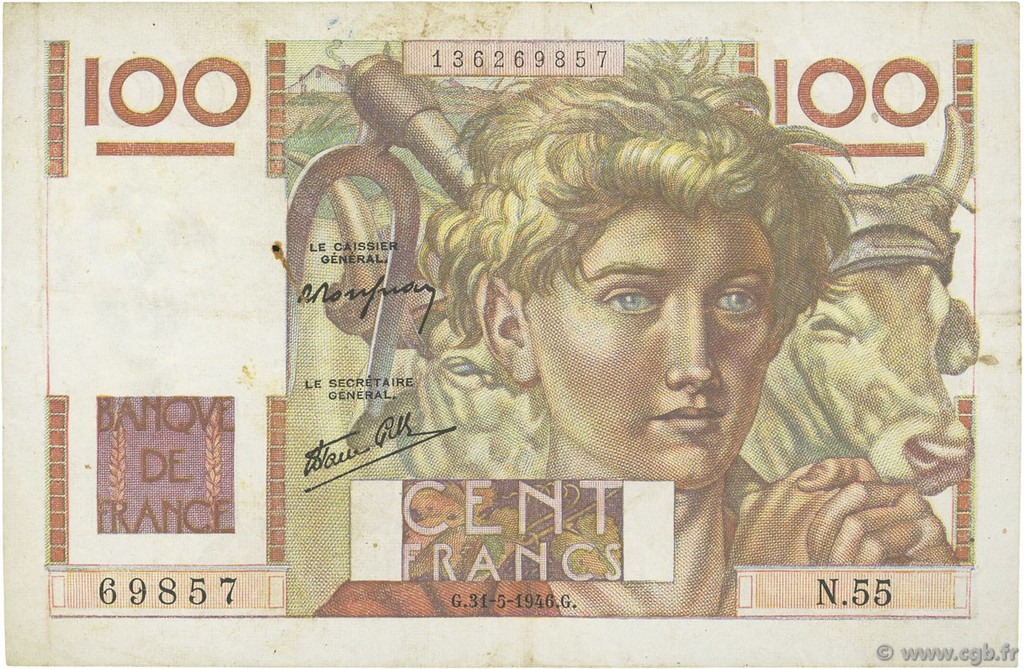 100 Francs JEUNE PAYSAN FRANCIA  1946 F.28.05 MBC