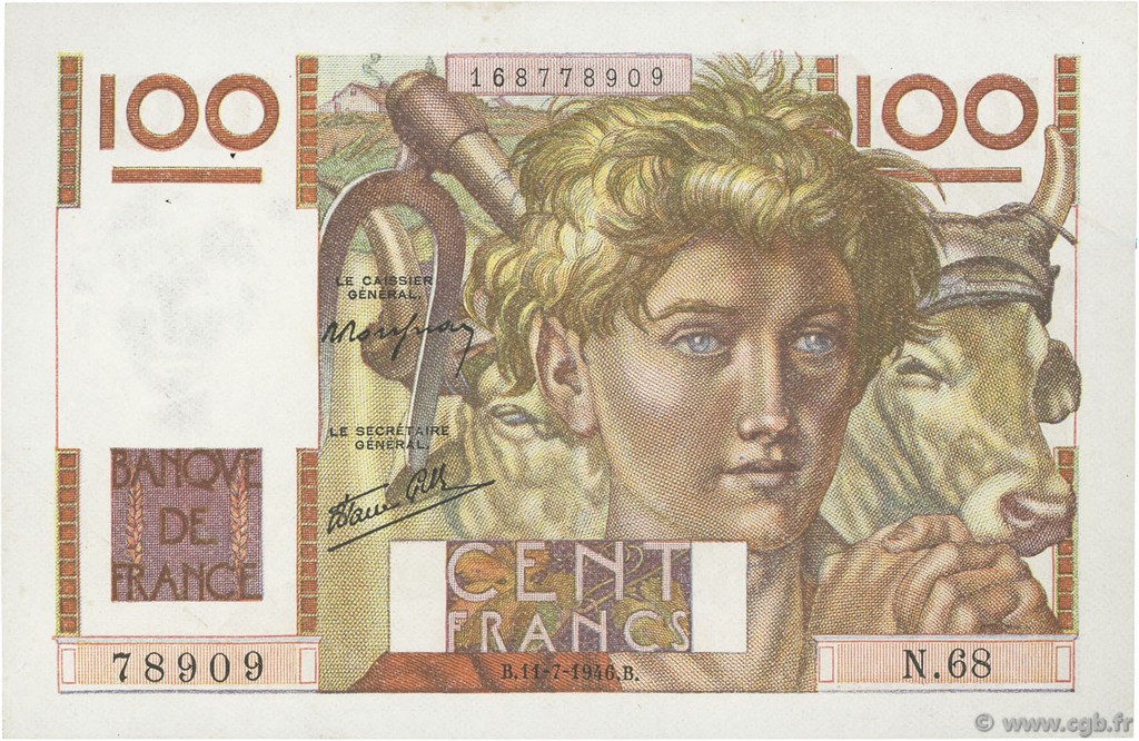 100 Francs JEUNE PAYSAN FRANCE  1946 F.28.06 XF