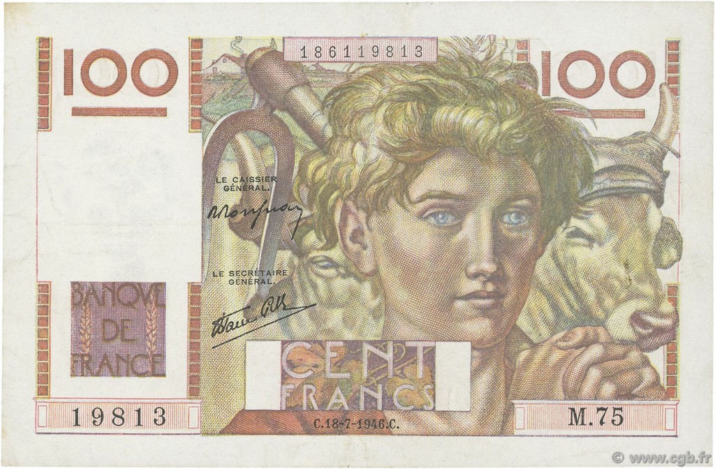100 Francs JEUNE PAYSAN FRANCE  1946 F.28.07 XF-