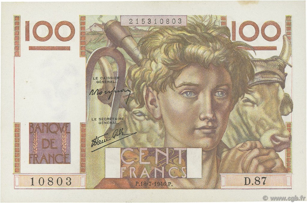 100 Francs JEUNE PAYSAN FRANCIA  1946 F.28.07 SPL+