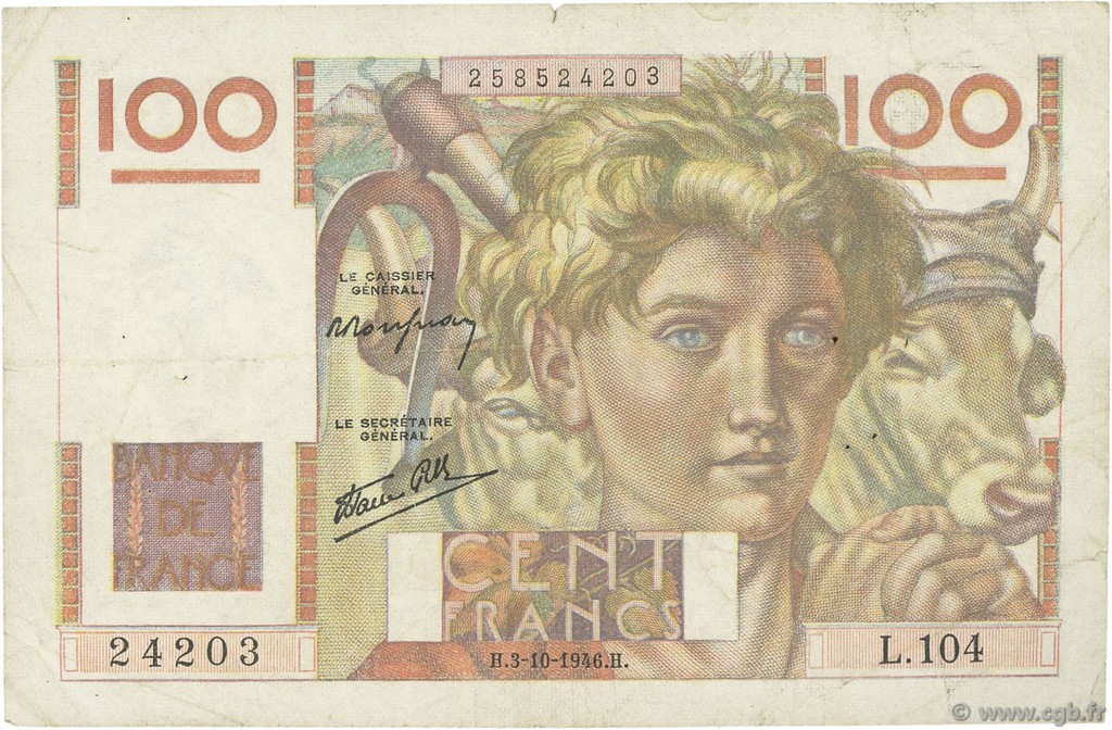100 Francs JEUNE PAYSAN FRANCIA  1946 F.28.09 MB