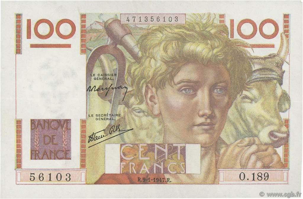 100 Francs JEUNE PAYSAN FRANCIA  1947 F.28.13 MBC+