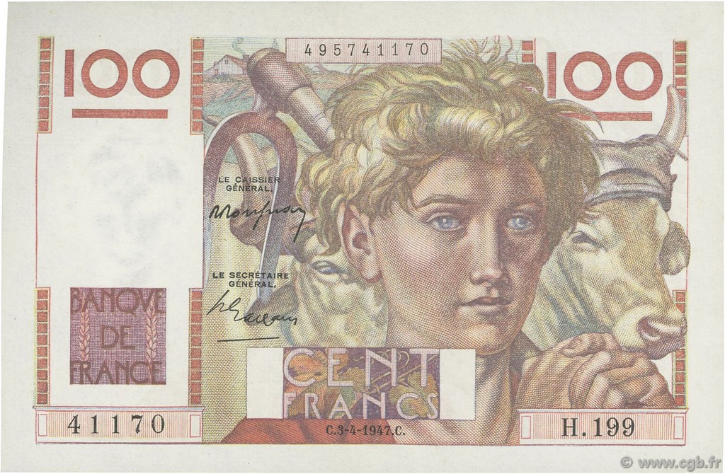 100 Francs JEUNE PAYSAN FRANKREICH  1947 F.28.14 fST