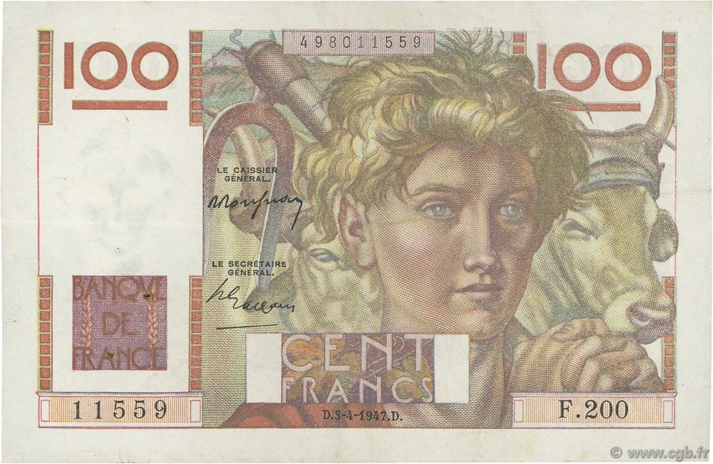 100 Francs JEUNE PAYSAN FRANKREICH  1947 F.28.14 SS