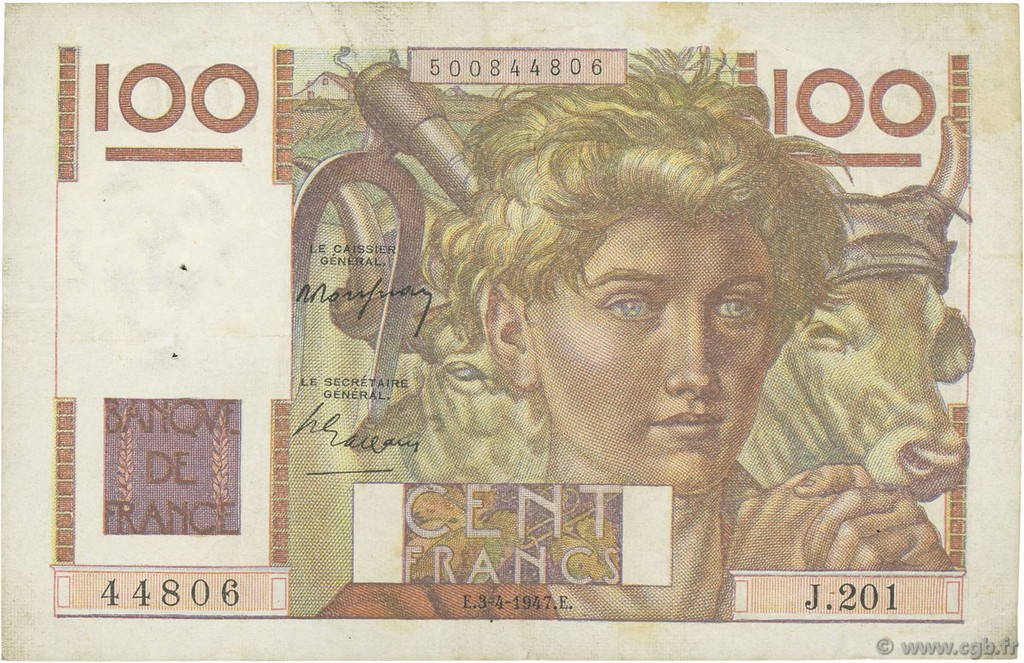 100 Francs JEUNE PAYSAN FRANKREICH  1947 F.28.14 SS