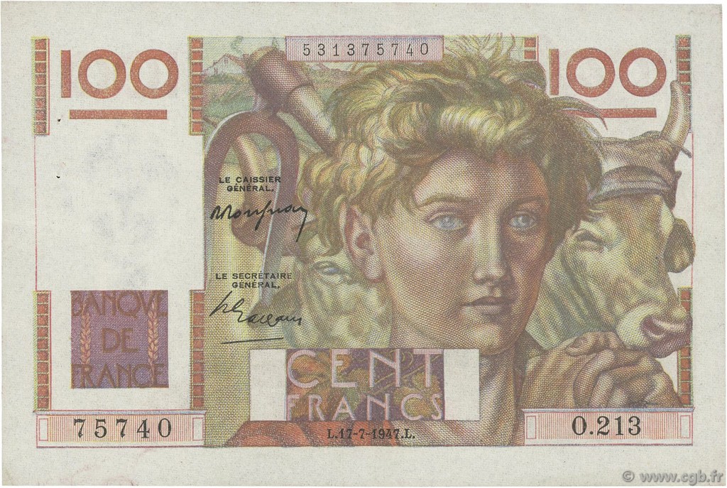 100 Francs JEUNE PAYSAN FRANCE  1947 F.28.15 XF-