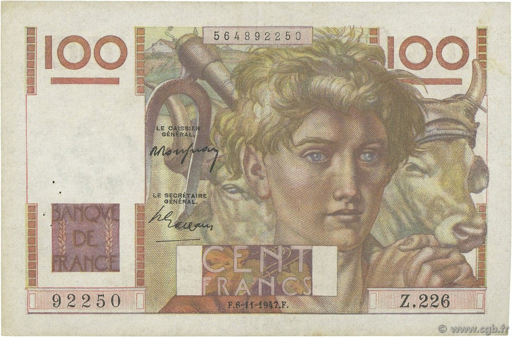 100 Francs JEUNE PAYSAN FRANKREICH  1947 F.28.16 SS