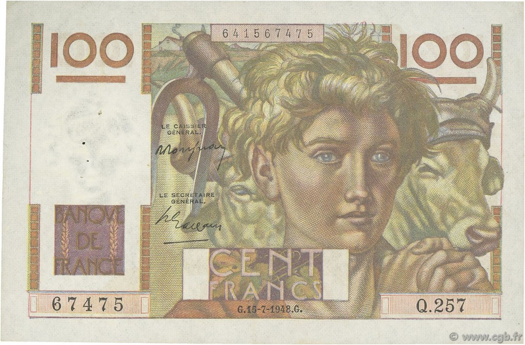 100 Francs JEUNE PAYSAN FRANCIA  1948 F.28.19 MBC