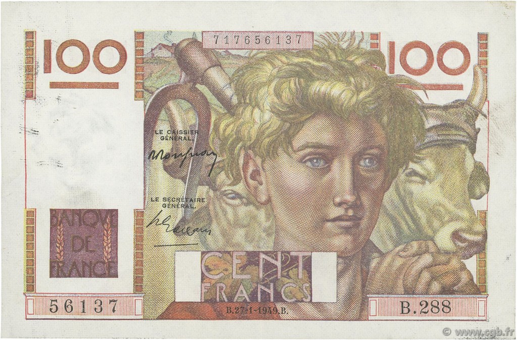 100 Francs JEUNE PAYSAN FRANCE  1948 F.28.20 XF-