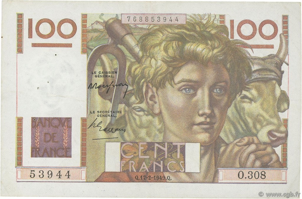 100 Francs JEUNE PAYSAN FRANCE  1949 F.28.22 VF