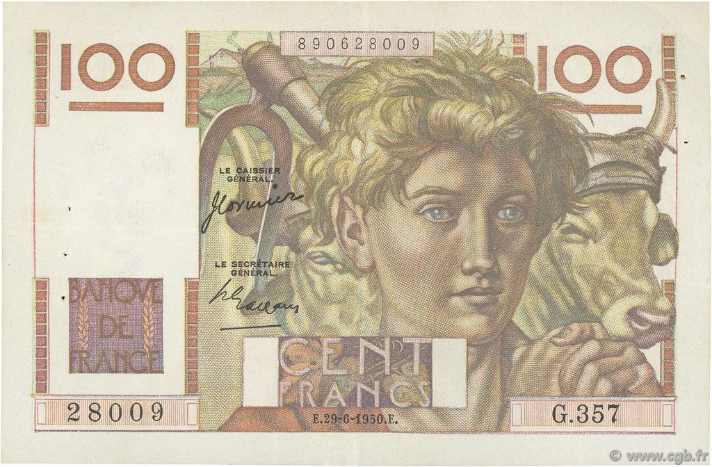 100 Francs JEUNE PAYSAN FRANKREICH  1950 F.28.25 fVZ