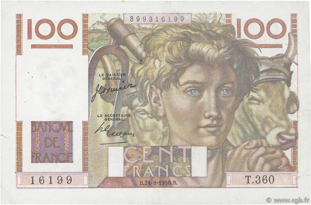 100 Francs JEUNE PAYSAN FRANCIA  1950 F.28.26 MBC
