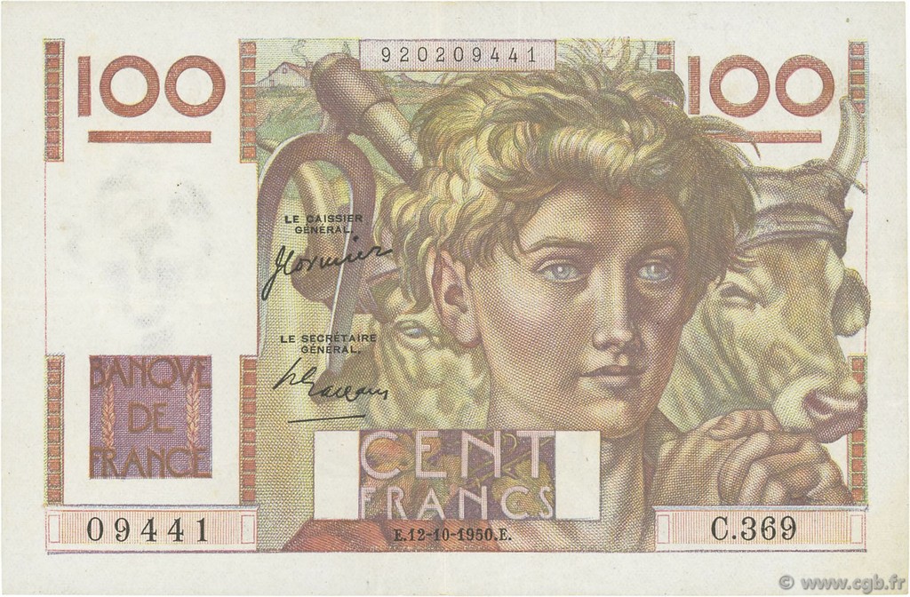 100 Francs JEUNE PAYSAN FRANCE  1950 F.28.27 XF-