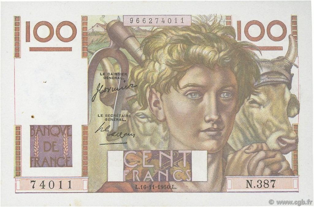 100 Francs JEUNE PAYSAN FRANKREICH  1950 F.28.28 VZ