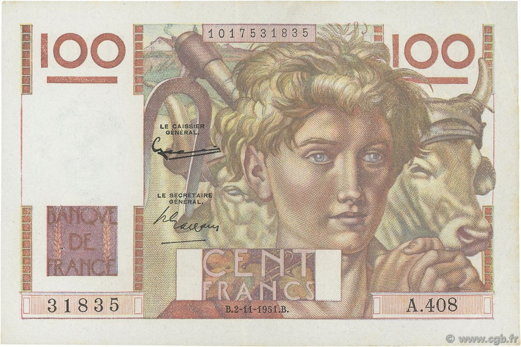 100 Francs JEUNE PAYSAN FRANKREICH  1951 F.28.30 VZ