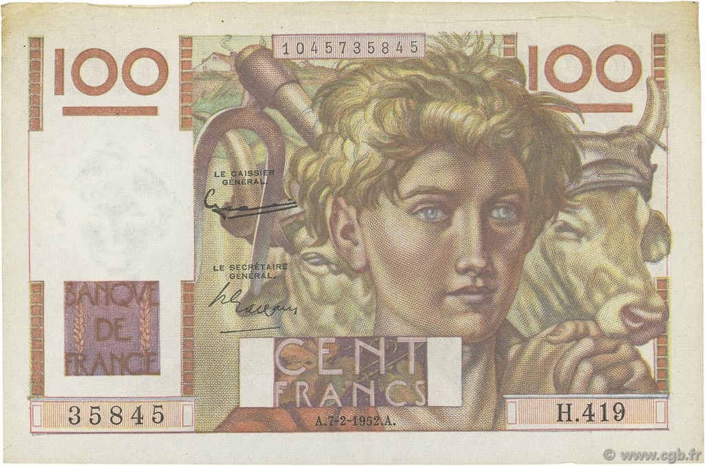 100 Francs JEUNE PAYSAN FRANCIA  1952 F.28.31 BB