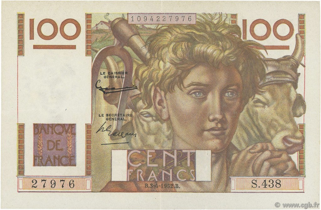 100 Francs JEUNE PAYSAN FRANKREICH  1952 F.28.32 fVZ