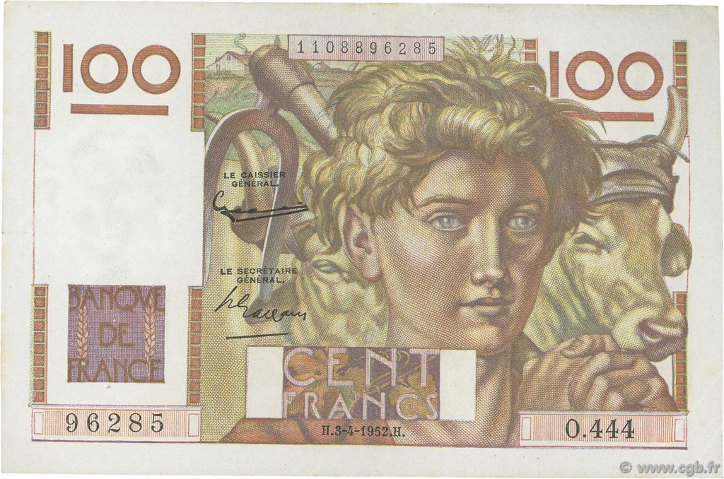100 Francs JEUNE PAYSAN FRANCIA  1952 F.28.32 MBC+