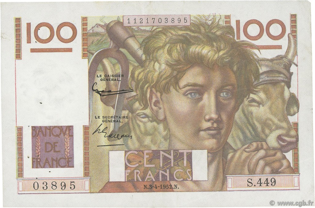 100 Francs JEUNE PAYSAN FRANCIA  1952 F.28.32 MBC+