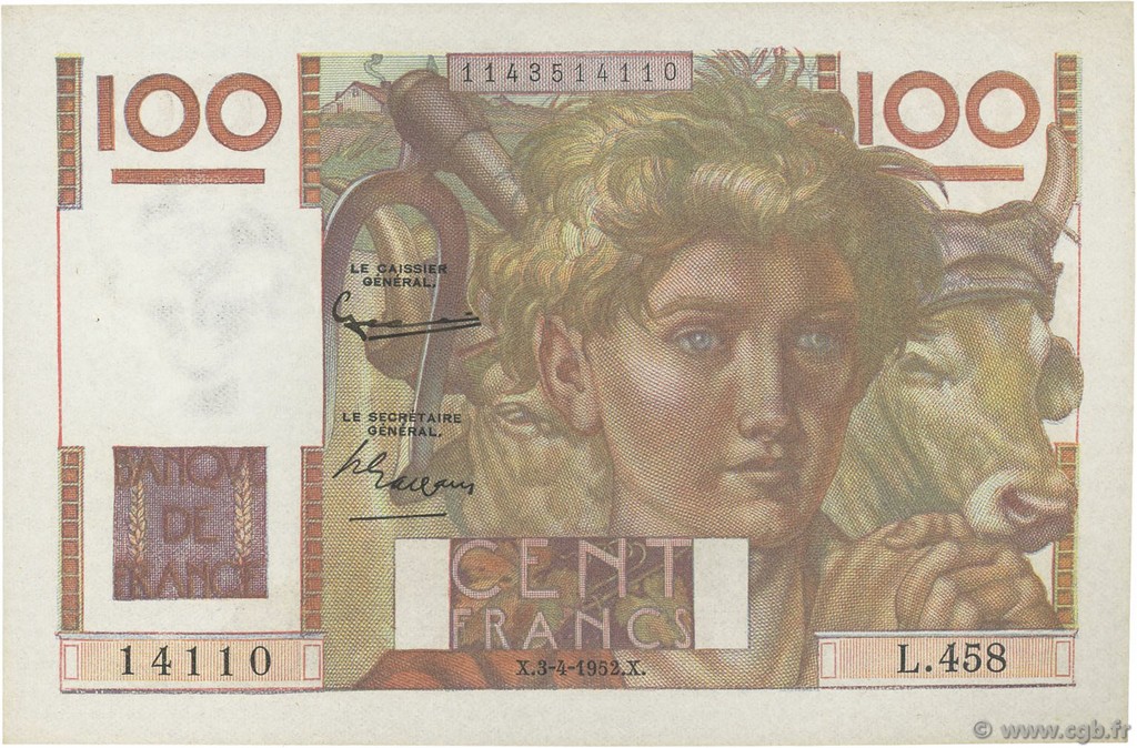 100 Francs JEUNE PAYSAN FRANCIA  1952 F.28.32 q.AU
