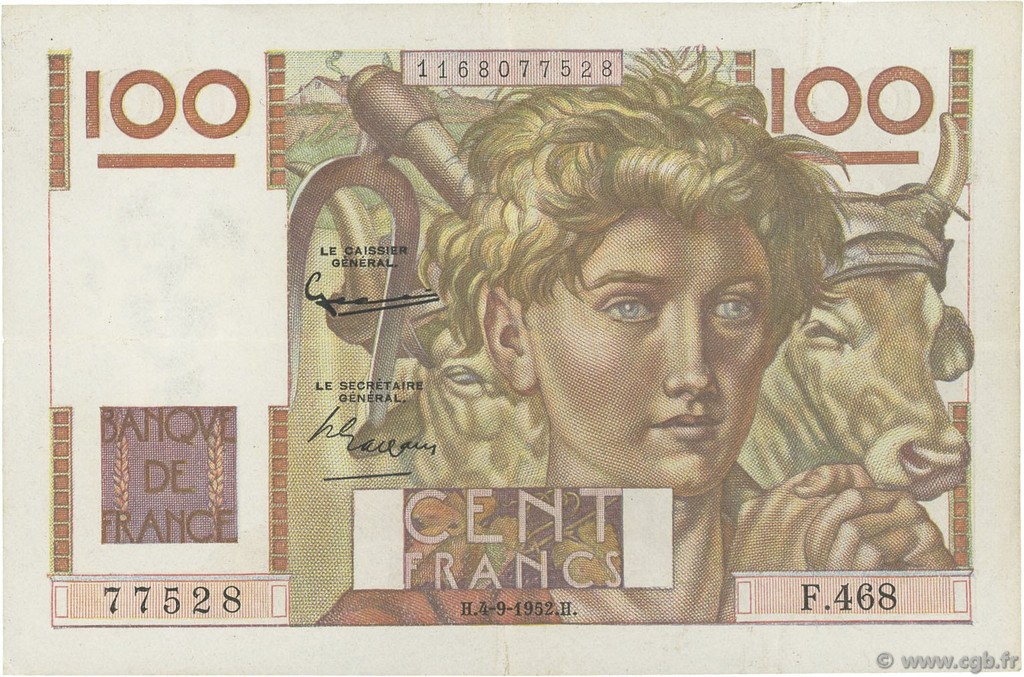 100 Francs JEUNE PAYSAN FRANKREICH  1952 F.28.33 fVZ