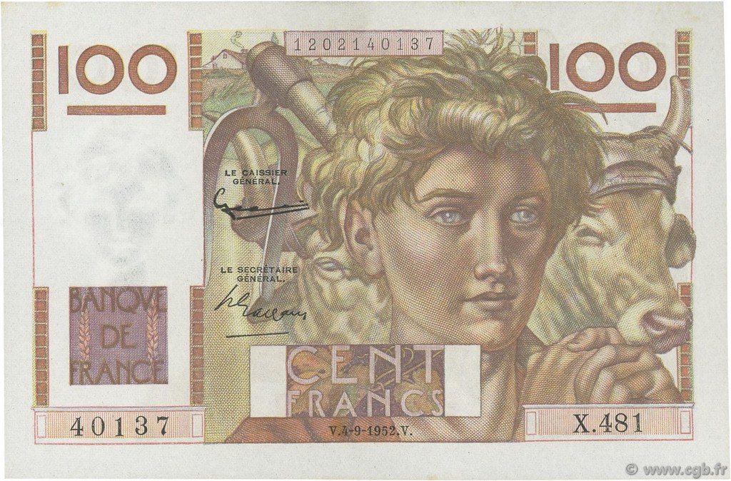 100 Francs JEUNE PAYSAN FRANCIA  1952 F.28.33 FDC