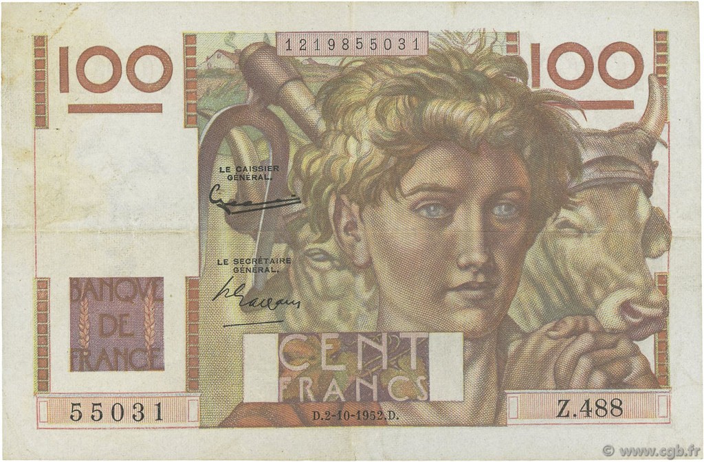 100 Francs JEUNE PAYSAN FRANCE  1952 F.28.34 VF