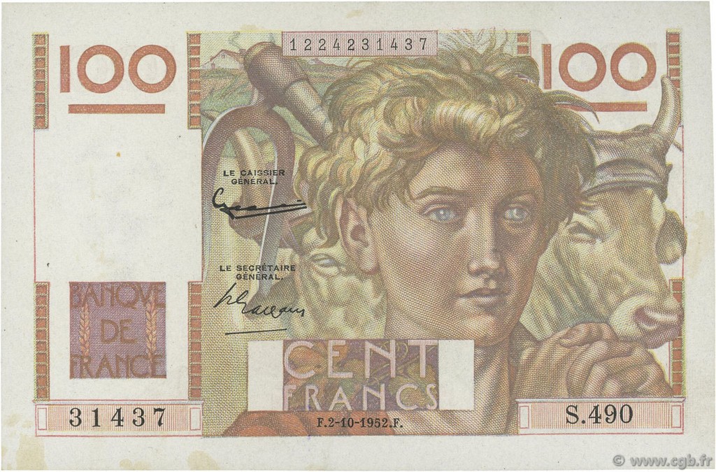 100 Francs JEUNE PAYSAN FRANCE  1952 F.28.34 SPL