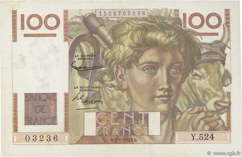 100 Francs JEUNE PAYSAN FRANKREICH  1953 F.28.35 VZ
