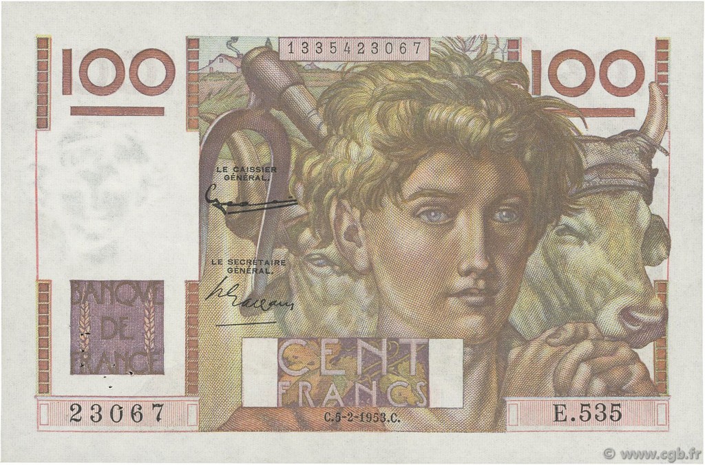 100 Francs JEUNE PAYSAN FRANCE  1953 F.28.36 VF+